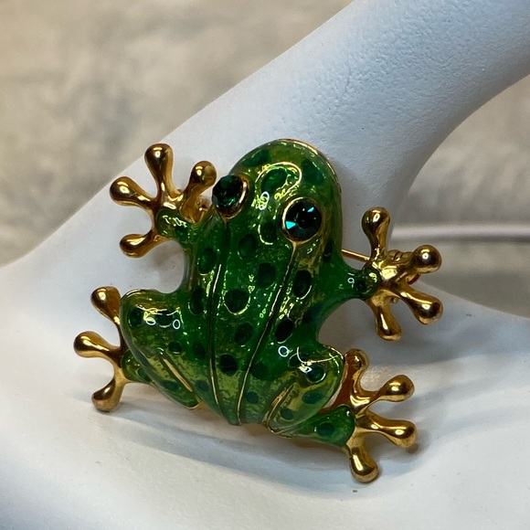 Vintage Brooch / Pin, Figural Frog, Green Enamel with Black Stones, Gold Tone - Picture 4 of 11
